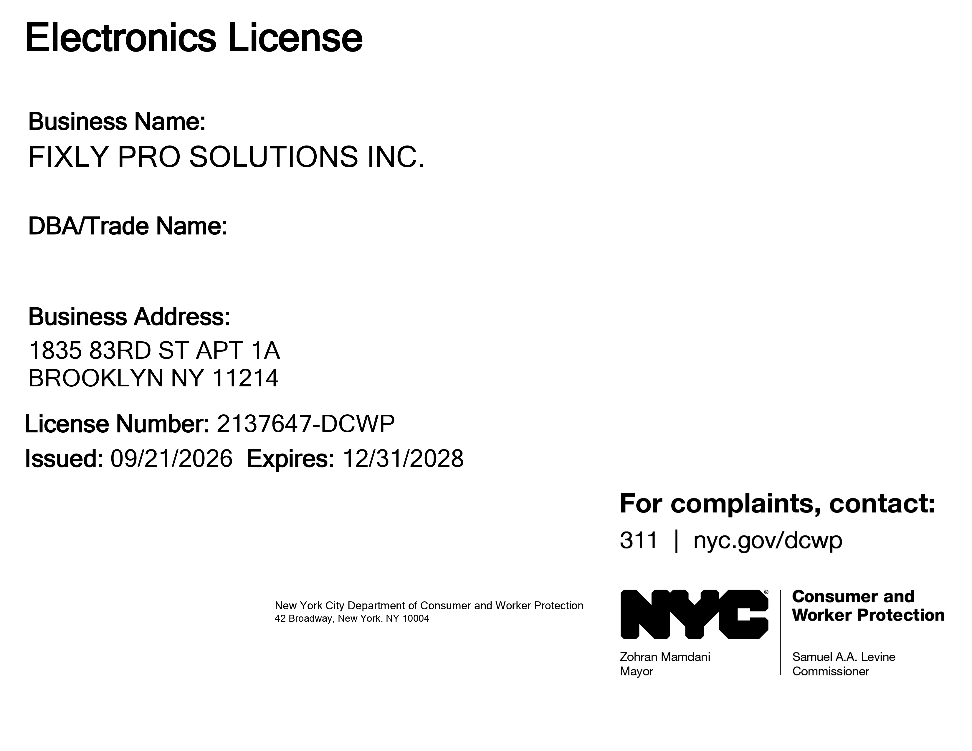 NYC DCWP Electronics License for Fixly Pro Solutions Inc., license #2137647-DCWP