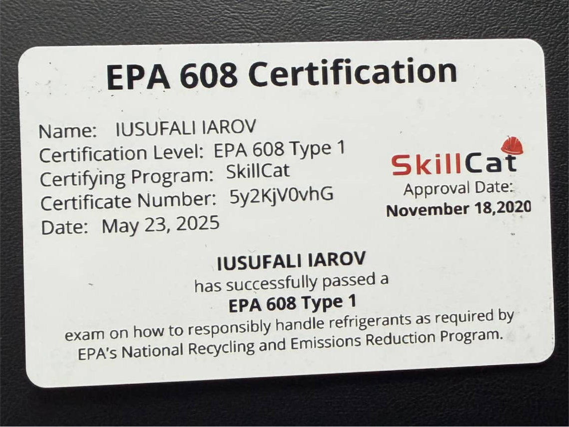 EPA 608 Type I certification for Iusufali Iarov, certified through SkillCat