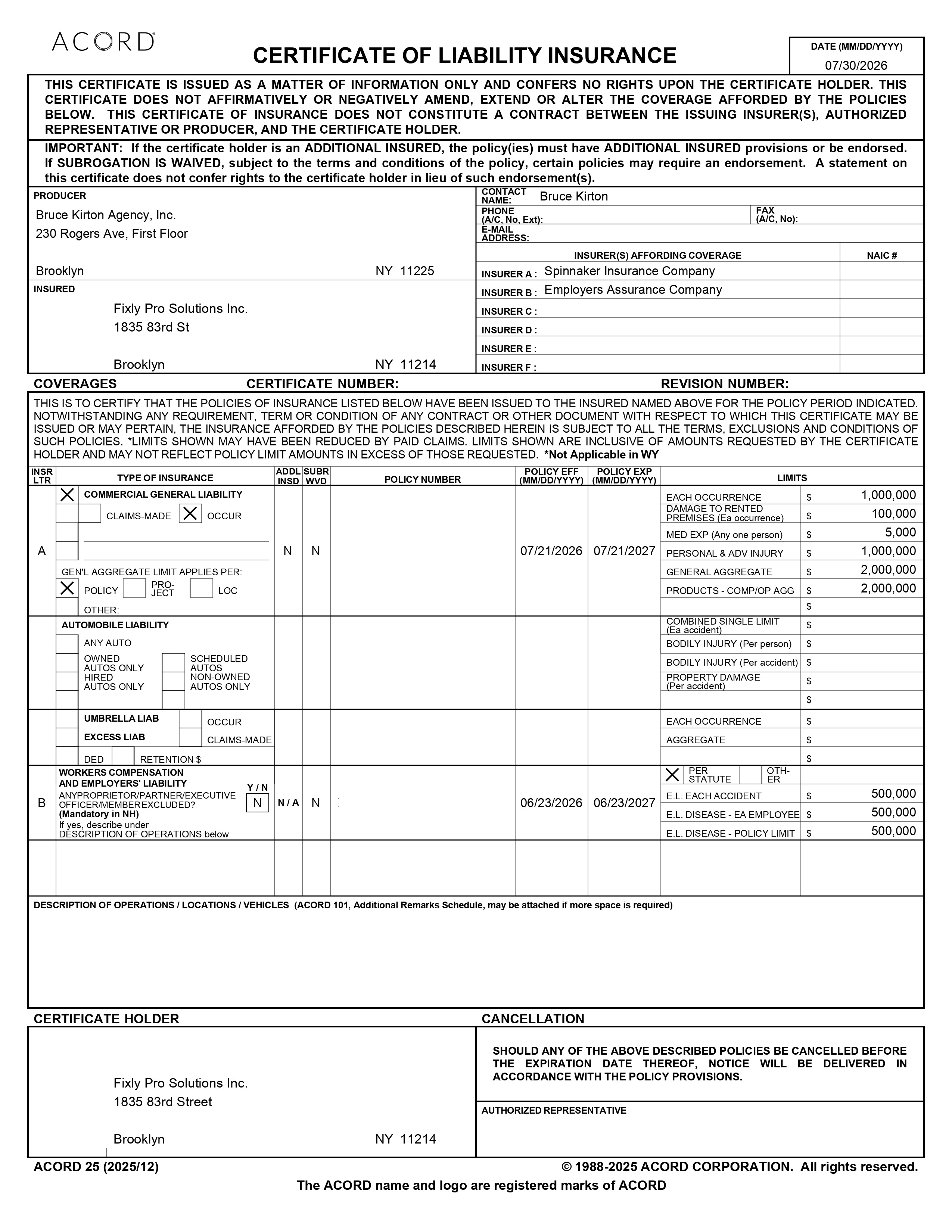 Certificate of Liability Insurance for Fixly Pro Solutions Inc. in Brooklyn, NY